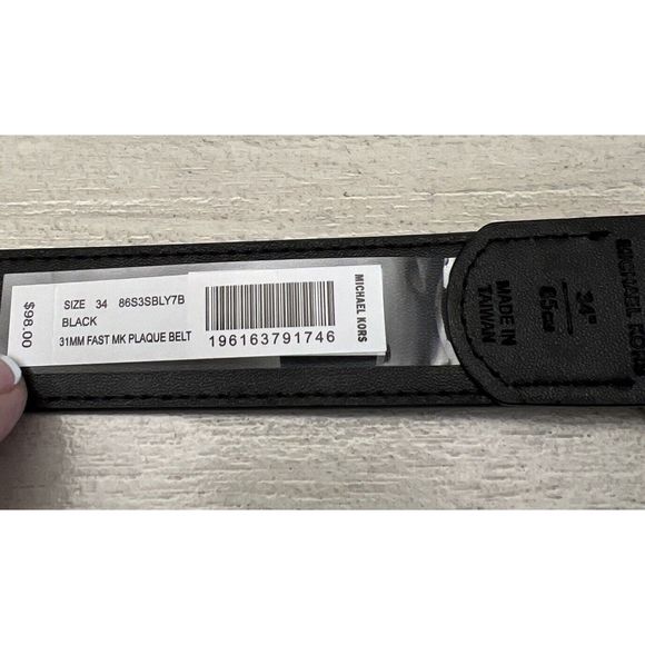 Michael Kors 86S3SBLY7B Men Sz 34 Black MK Silver 31mm Fast MK Plaque Belt - Picture 7 of 8